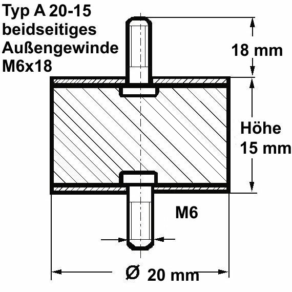 Gummipuffer 20x15mm – Innengewinde/Außengewinde M6