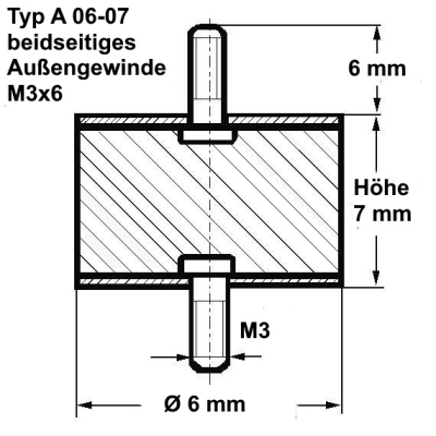 Typ A, Ø 6 mm Höhe 7 mm, AG/AG M3x6