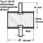 Gummi-Metall-Puffer Typ A, Ø 150 Höhe 55 mm, AG/AG M16x41, NK 55