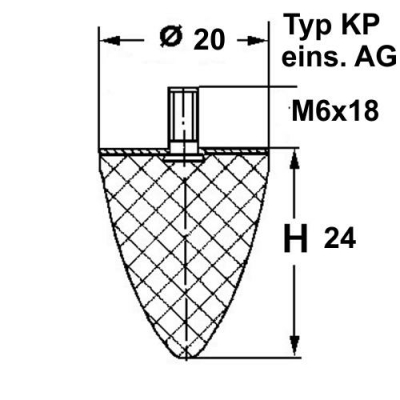 Typ KP, Ø 20 mm Höhe 24 mm, AG M6x18