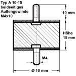 Gummi-Metall-Puffer Typ A, Ø 10 Höhe 15 mm, AG/AG M4x10, NK 55