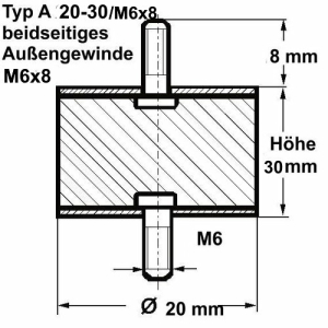 Typ A, Ø 20 Höhe 30 mm, AG/AG M6x8, NK 55