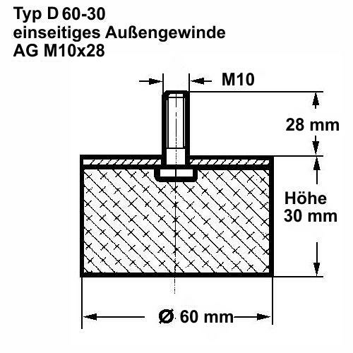 Artikel 68931760 - Metall-Gummipuffer MGP Durchmesser 60mm Höhe 40mm  Gewinde M10 x 28mm Edelstahl 1.4301