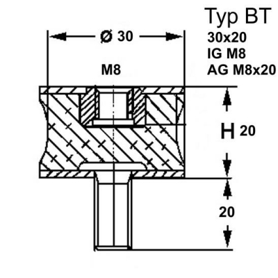 Typ BT, Ø 30 mm Höhe 20 mm, IG M8/AG M8x20