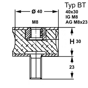 Typ BT, Ø 40 Höhe 30 mm, IG M8/AG M8x23, NK 55