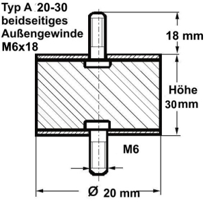 Typ A, Ø 20 Höhe 30 mm, AG/AG M6x18, NK 55