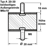 Gummi-Metall-Puffer Typ A, Ø 20 Höhe 30 mm, AG/AG M6x18, NK 55
