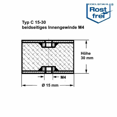 Typ C, Ø 15 H 30 mm, IG/IG M4, A2, NK55