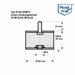 Typ B, Ø 60 H 30 mm, IG M12/AG M12x33, A2, NK55