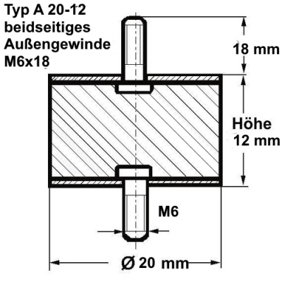 Gummi-Metall-Puffer Typ A, Ø 20 Höhe 12 mm, AG/AG M6x18, NK 55