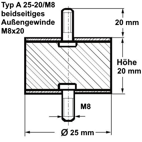 Gummipuffer Durchmesser 30mm, Höhe 20mm, M8x22mm außen, M8 innen