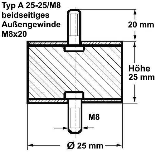 Schwingungsdämpfer 25 mm mit M8 Gewinde