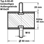 Typ A, Ø 60 Höhe 45 mm, AG/AG M10x28, NK 55