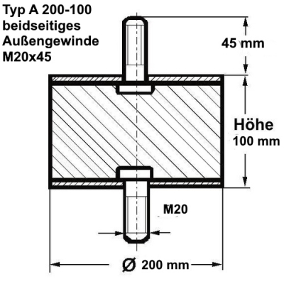 Typ A, Ø 200 Höhe 100 mm, AG/AG M20x45, NK 55