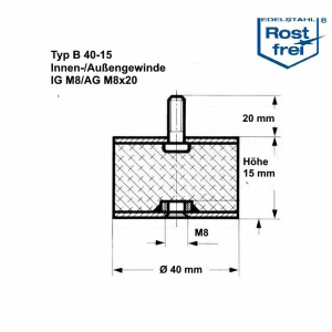 Typ B, Ø 40 H 15 mm, IG M8/AG M8x20, A2, NK55