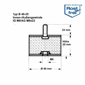 Typ B, Ø 40 H 25 mm, IG M8/AG M8x23, A2, NK55