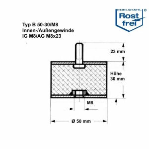 Typ B, Ø 50 H 30 mm, IG M8/AG M8x23, A2, NK55