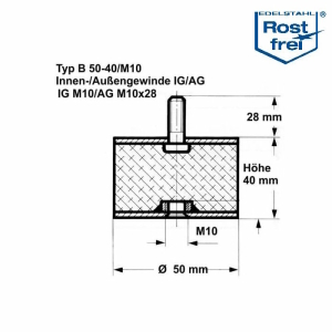 Typ B, Ø 50 H 40 mm, IG M10/AG M10x28, A2, NK55