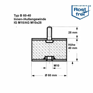 Typ B, Ø 60 H 40 mm, IG M10/AG M10x28, A2, NK55