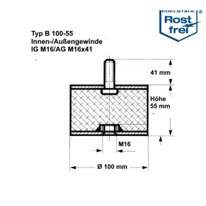 Typ B, Ø 100 H 55 mm, IG M16/AG M16x41, A2, NK55