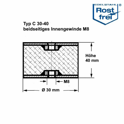 Typ C, Ø 30 H 40 mm, IG/IG M8, A2, NK55