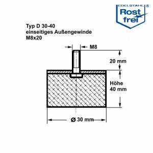 Typ D, Ø 30 H 40 mm, AG M8x20, A2, NK55