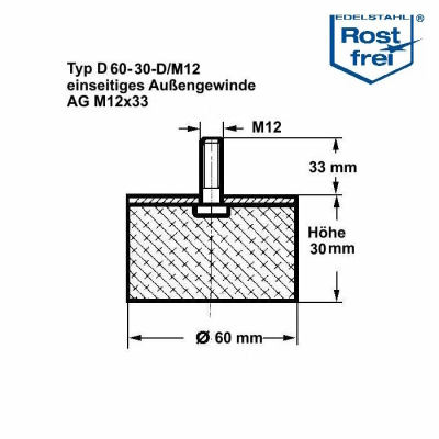 Typ D, Ø 60 H 30 mm, AG M12x33, A2, NK55