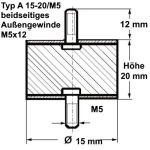 Typ A, Ø 15 Höhe 20 mm, AG/AG M5x12, NK 55