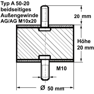 Gummi-Metall-Puffer Typ A, Ø 50 Höhe 20 mm, AG/AG M10x20, NK 55