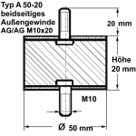 Gummi-Metall-Puffer Typ A, Ø 50 Höhe 20 mm, AG/AG M10x20, NK 55